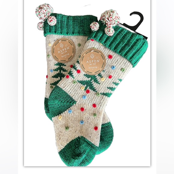 Pair of 2 Aspen Home Boho PomPom Bohemian Knit Christmas Stocking 21” NWT - Picture 8 of 8